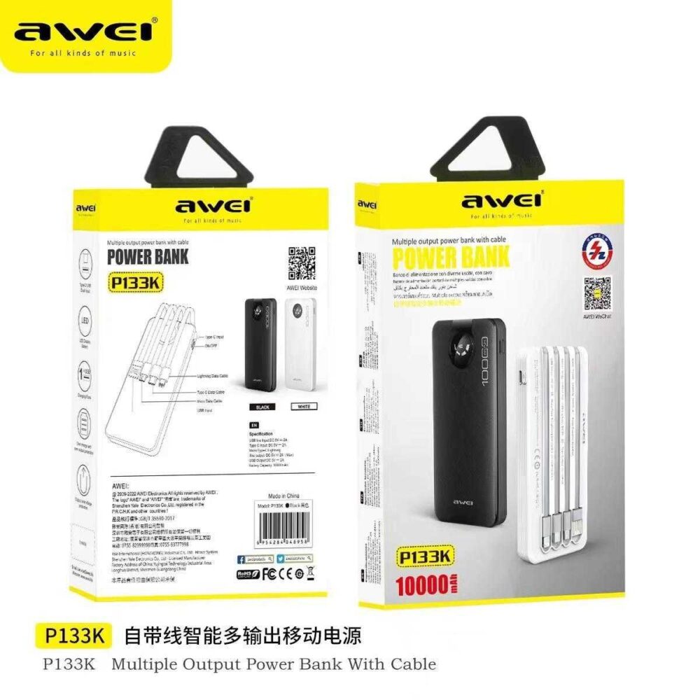 Powerbank - P133K - 10.000mah - 4in1 - AWEI - 888599 - Black - Image 3